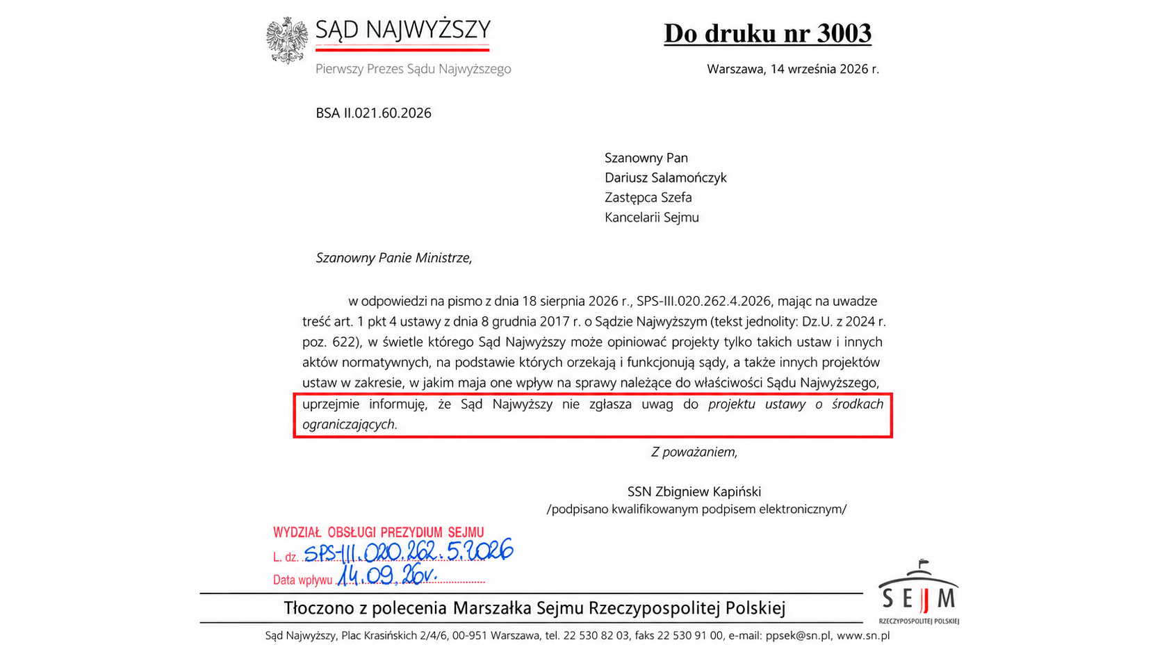 Pismo Sądu Najwyższego z 14 września 2026 r. dotyczące projektu ustawy o środkach ograniczających (druk nr 3003). Sąd poinformował, że nie zgłasza uwag do projektu. Źródło: Sejm RP.