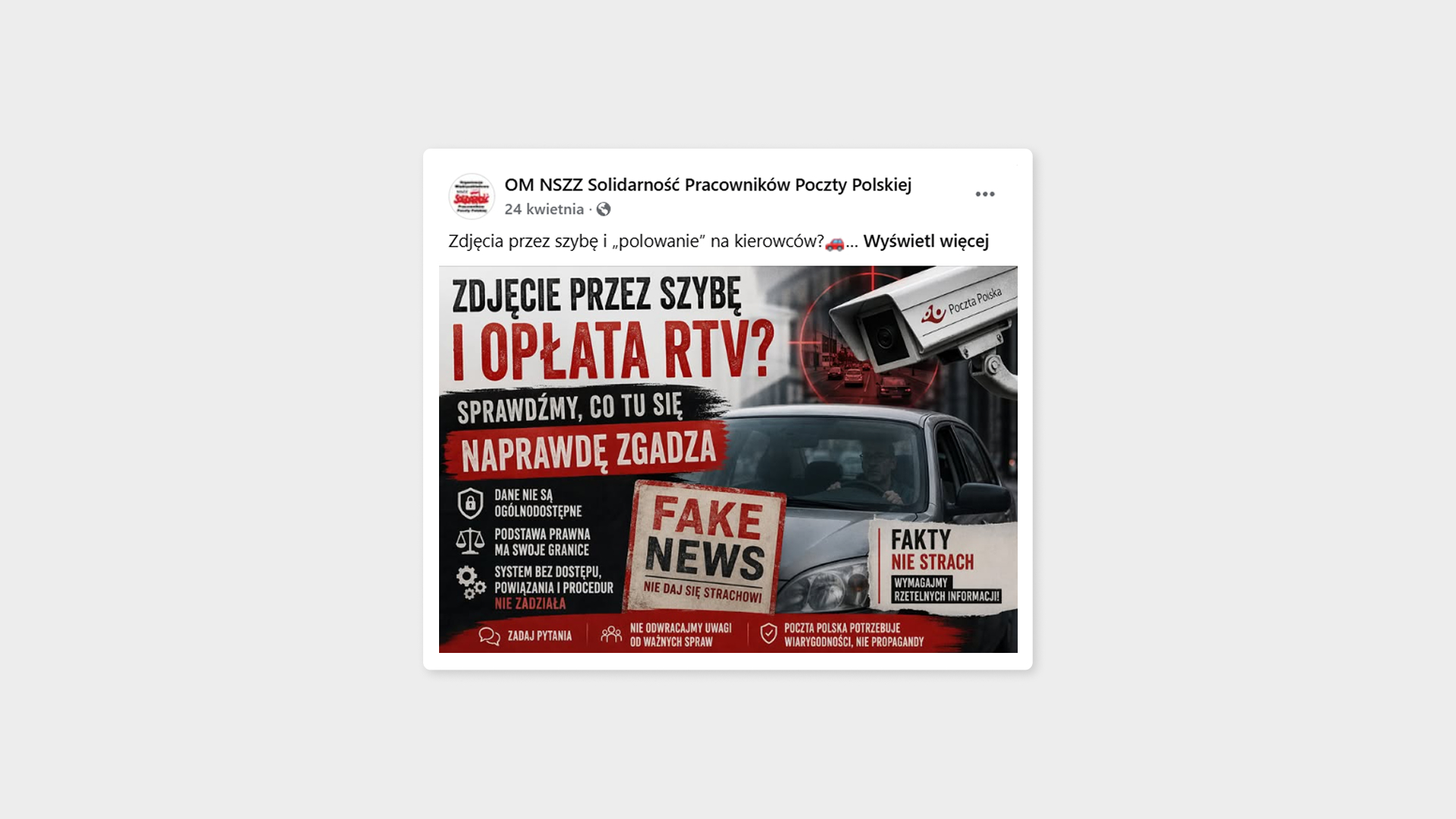 Post OM NSZZ Solidarność Pracowników Poczty Polskiej, źródło: Facebook