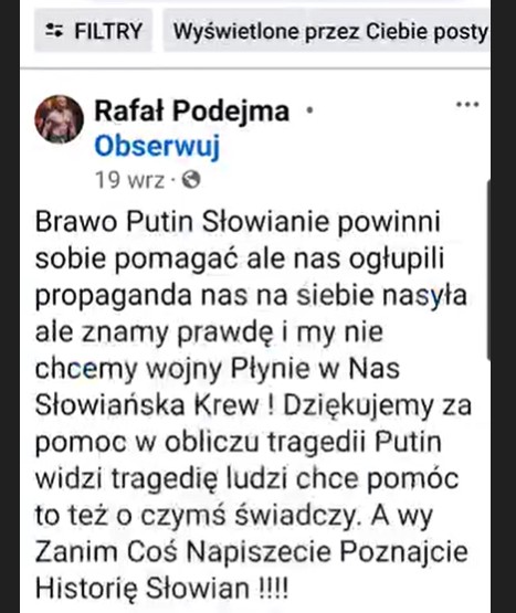 Wpis Rafała Podejmy. Źródło Facebook