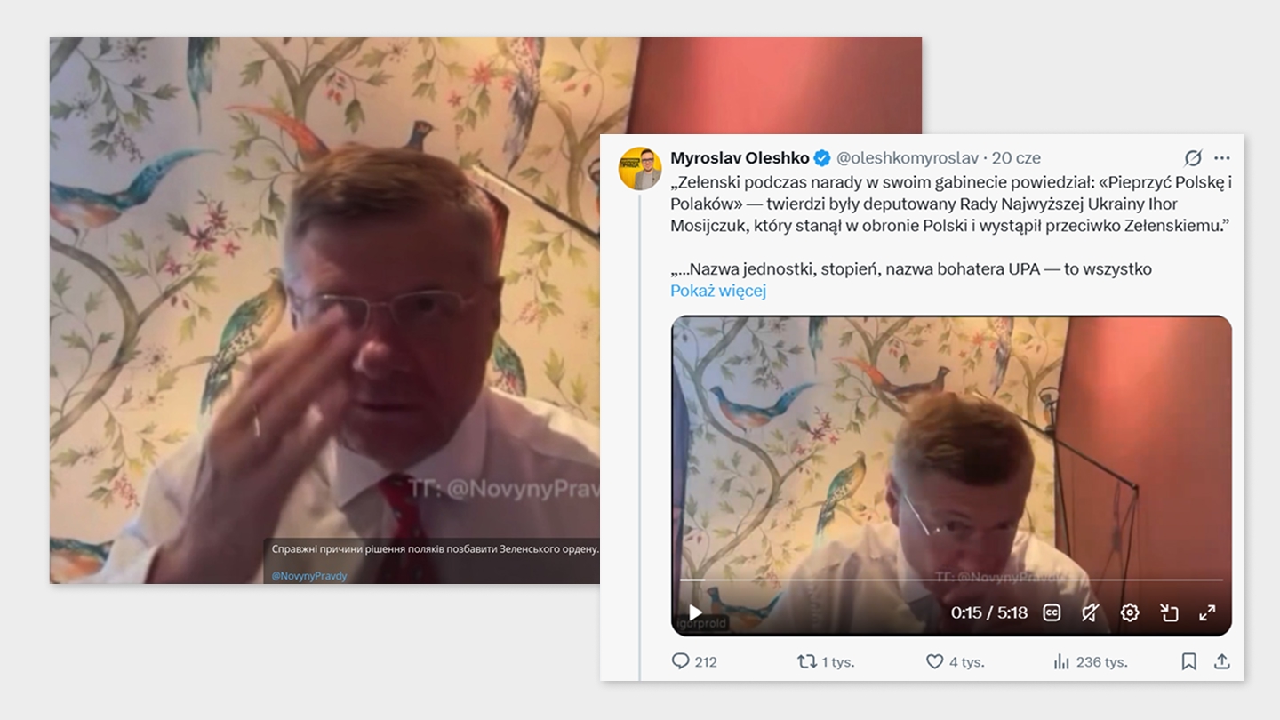 Nagranie Ihora Mosijczuka zamieszczone na Telegramie i wpis z tłumaczeniem słów Ihora Mosijczuka na X