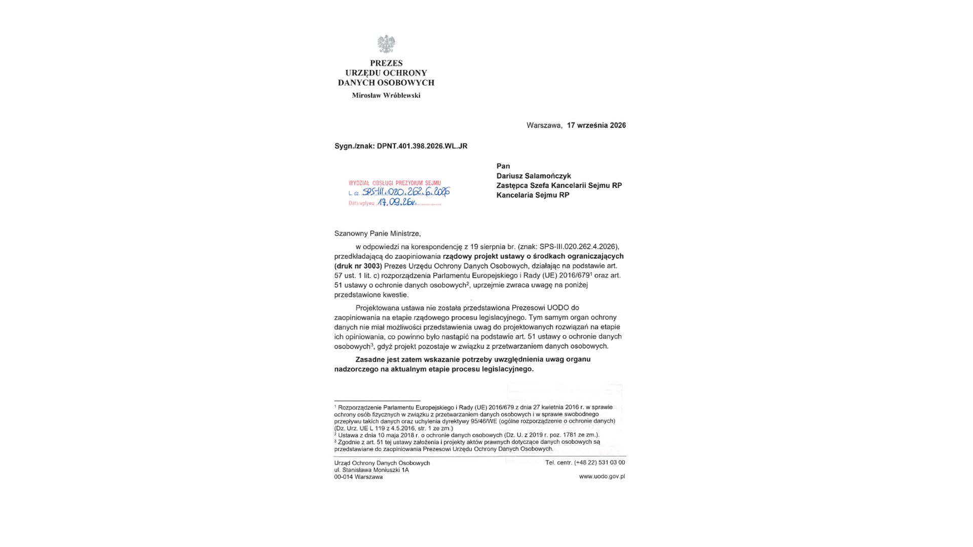 Opinia prezesa UODO z 17 września 2026 r. z zastrzeżeniami do projektu ustawy. Źródło: Sejm RP.
