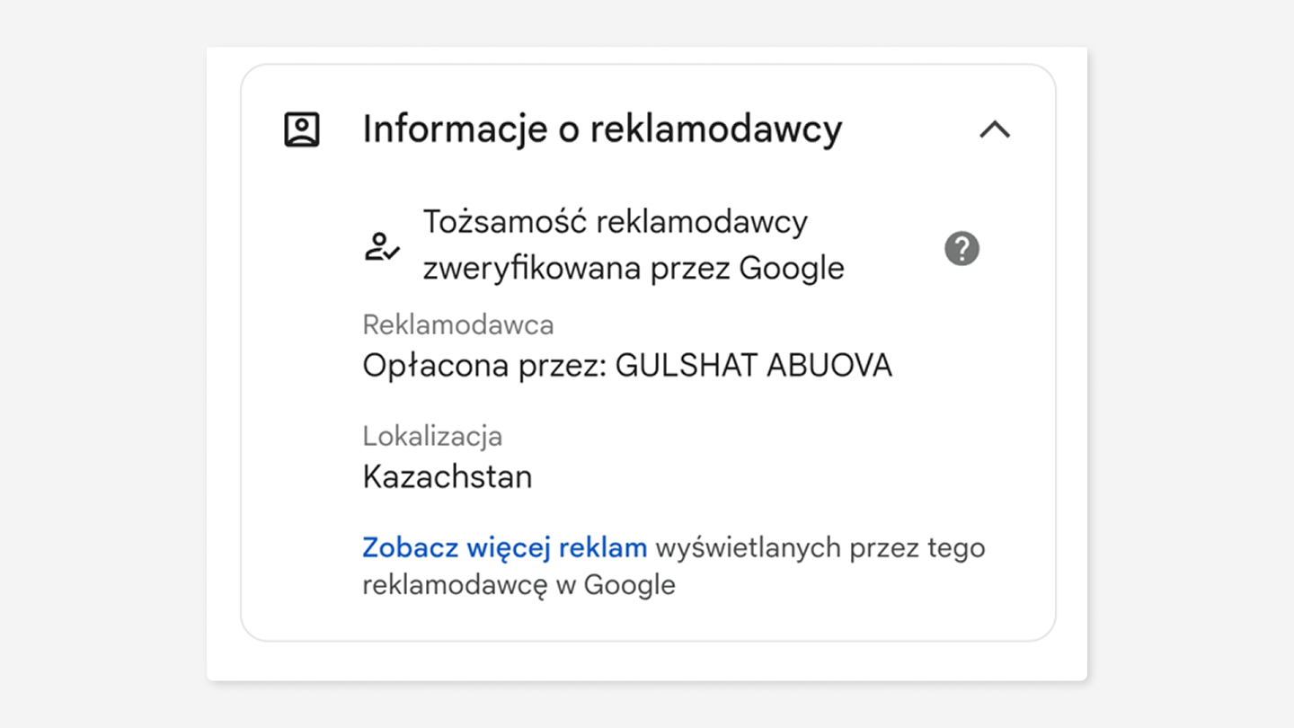 Informacja o reklamodawcy z centrum reklam Google