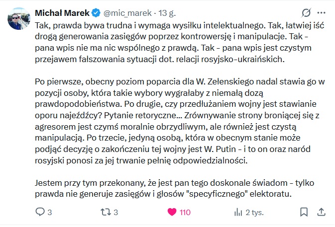 Komentarz Michała Marka do wpisu Konrada Berkowicza na X (fot. X.com)