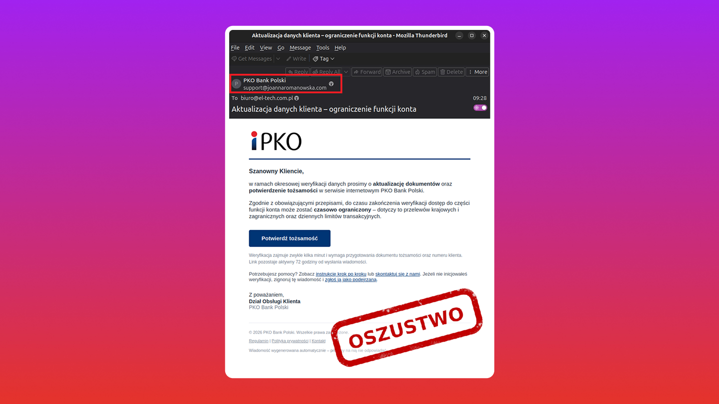 Wiadomość e-mail podszywająca się pod PKO Bank Polski (fot. CERT Polska)