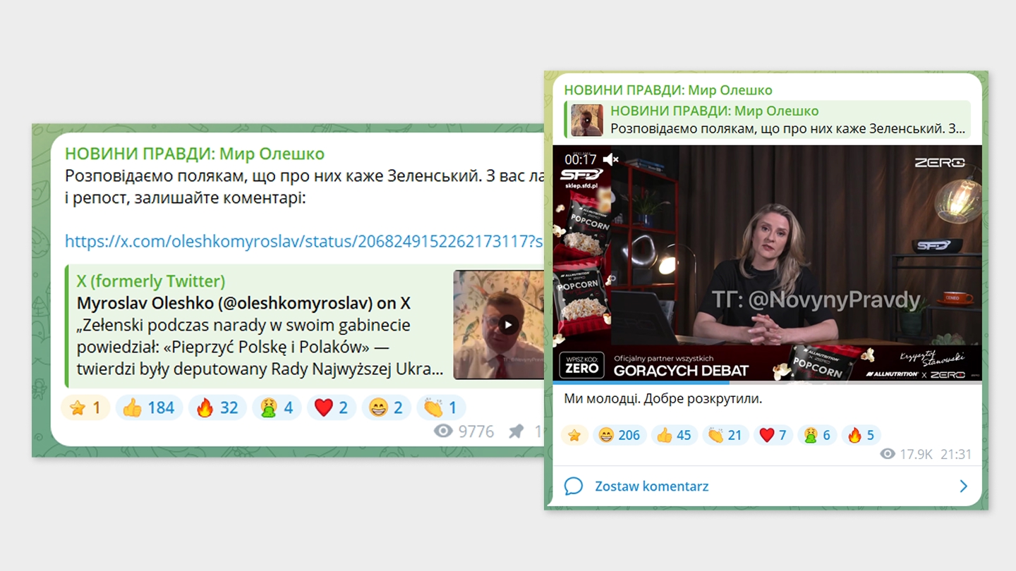 Wpisy Myroslava Oleshko na Telegramie: „Mówimy Polakom, co Zełenski o nich mówi" i „Zuchy z nas. Dobrze rozkręciliśmy”