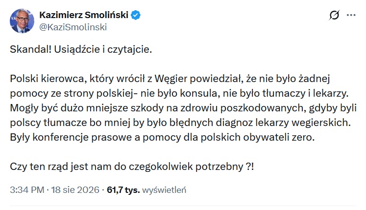 Wpis Kazimierza Smolińskiego (fot. X.com)