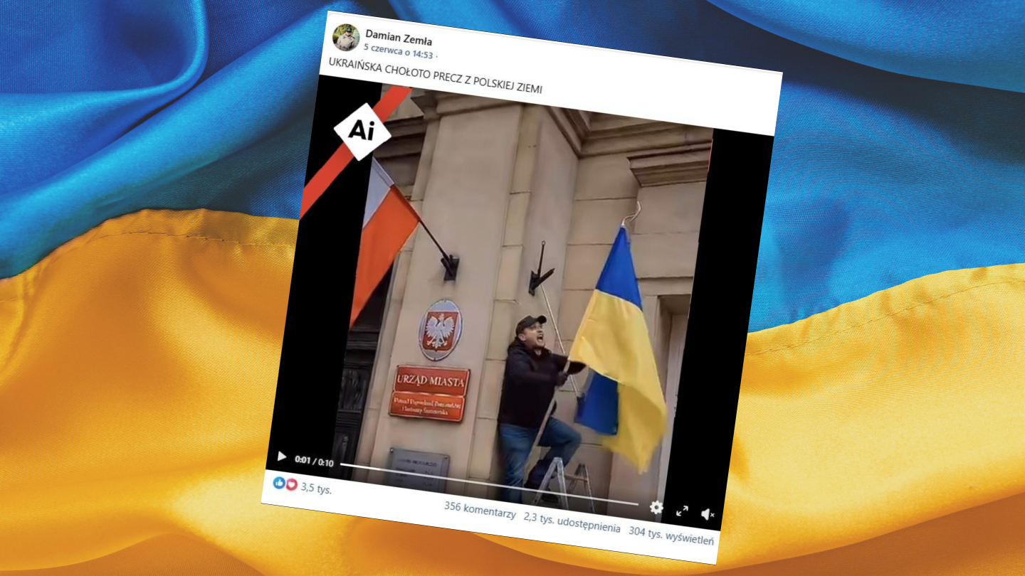 Nagranie przedstawiające usuwanie ukraińskich flag z budynku to AI