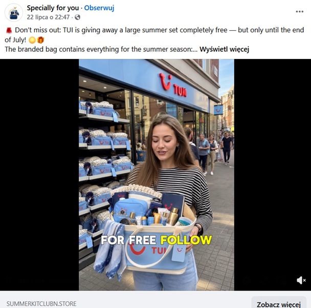Post zawierający scam dot. firmy TUI (fot. Facebook.com)