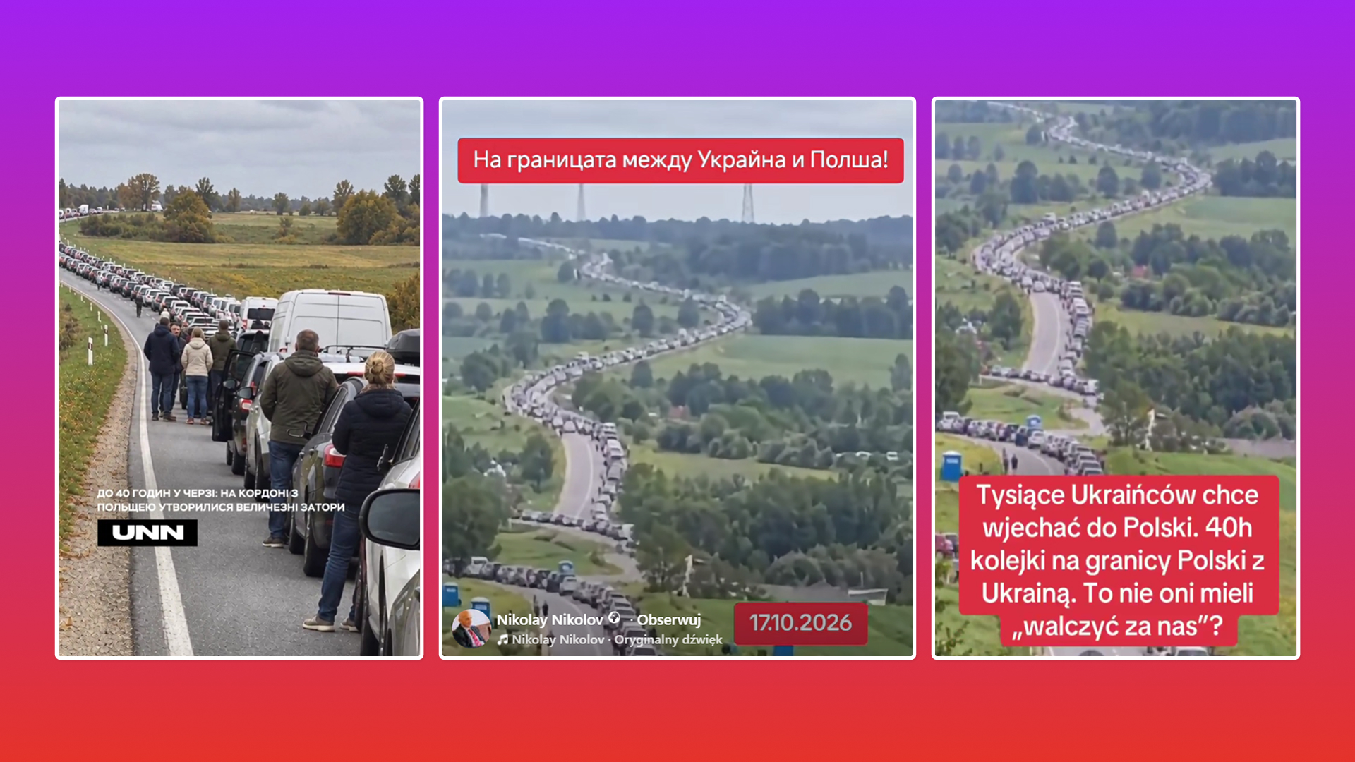 Kadry z nagrań przedstawiających rzekomą ucieczkę Ukraińców do Polski (fot. X, Facebook)