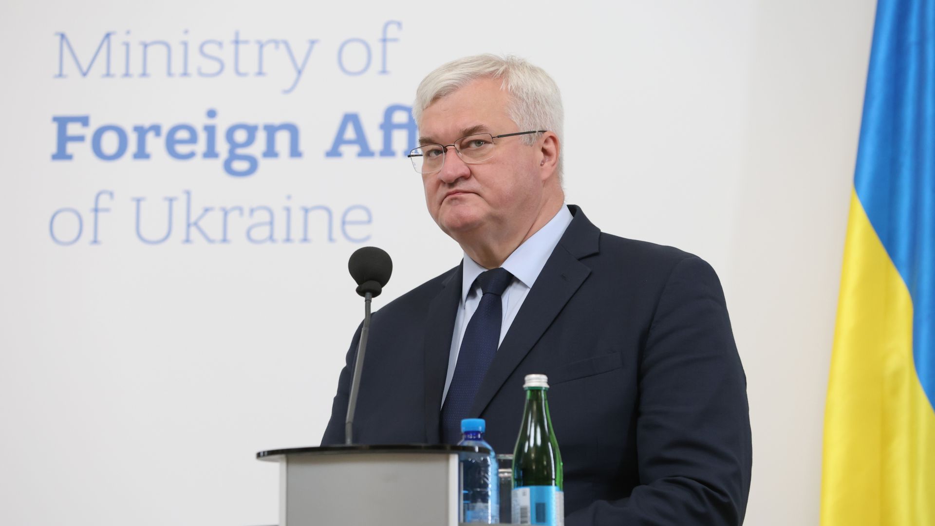 Andrij Sybiha podczas konferencji (fot Viktor Kovalchuk/Global Images Ukraine/Getty Images)