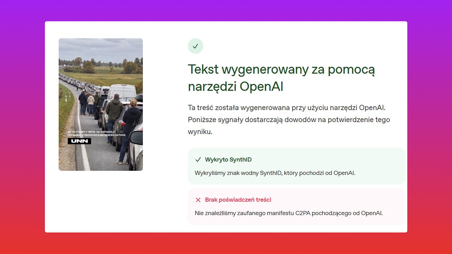 Wynik weryfikacji klatki z filmu (fot. OpenAI)