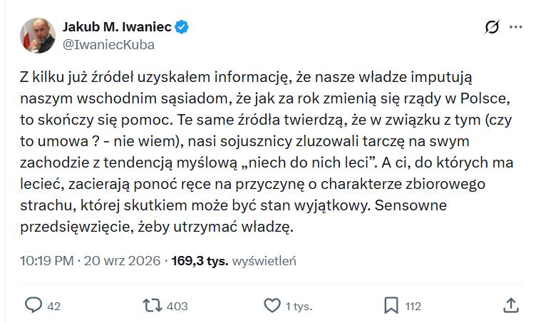 Wpis sędziego Jakuba Iwańca z 20 września 2026 r. Fot X