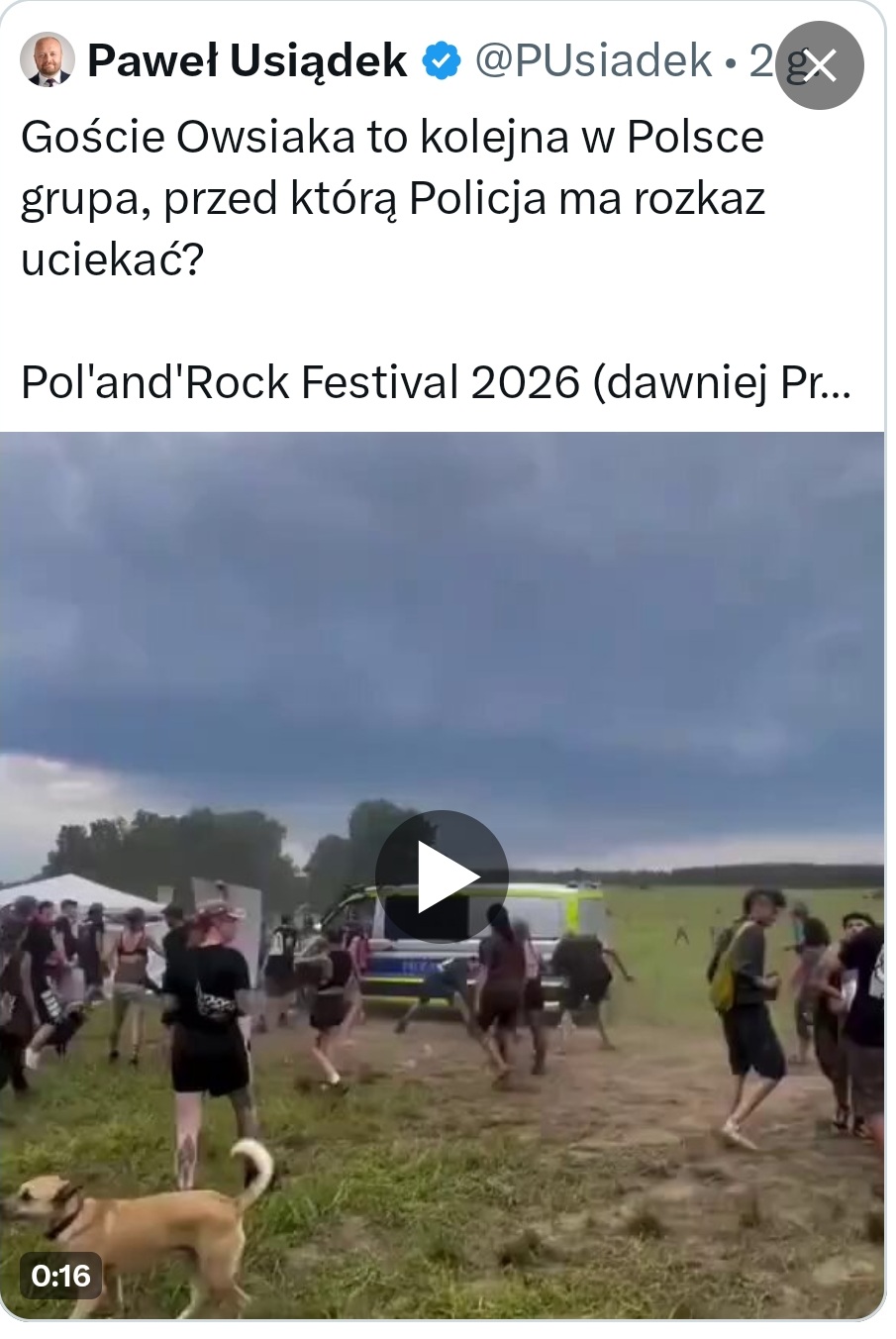 Usunięty post Pawła Usiądka o Pol'and'Rock Festivalu (fot. Paweł Usiądek X.com)