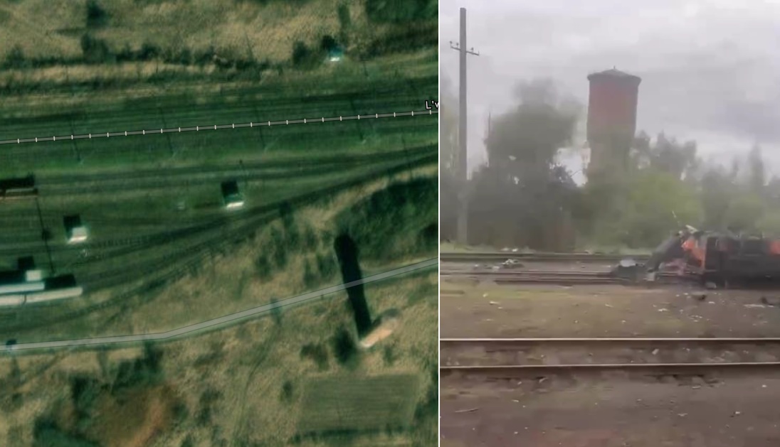 Po lewej lokalizacja wieżyczki kolejowej przy bocznicy. Po prawej wieżyczka widziana za zniszczoną lokomotywą. Fot. Google Maps / FB