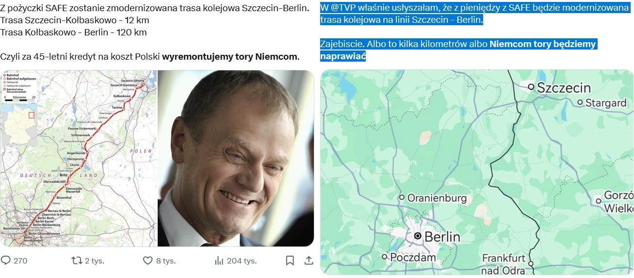 Fake newsy o modernizacji trasy Szczecin-Berlin (X.com)