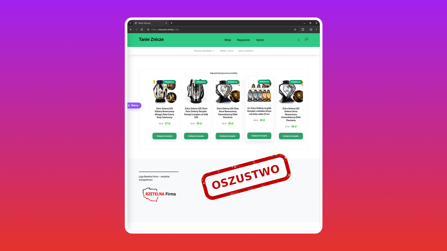 Fałszywa strona internetowa oferująca tanie znicze (fot. CERT Polska)
