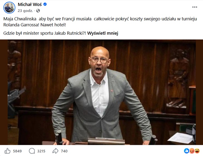 Wpis Michała Wosia na Facebooku (fot. Facebook Michał Woś)