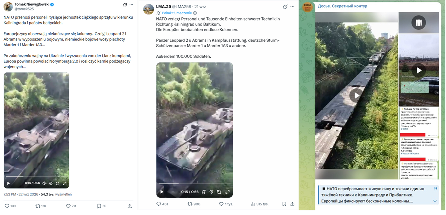 Podobne wpisy o rzekomym przerzucie wojsk NATO zamieszczone w języku niemieckim, polskim i rosyjskim na X i Telegramie. Fot. X, Telegram