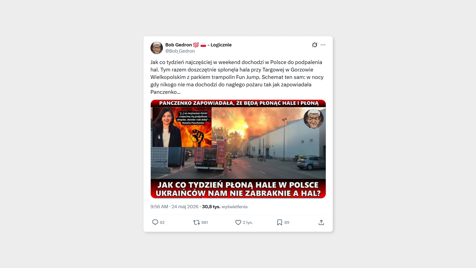 fot. post o pożarze w Gorzowie Wielkopolskim, źródło: X