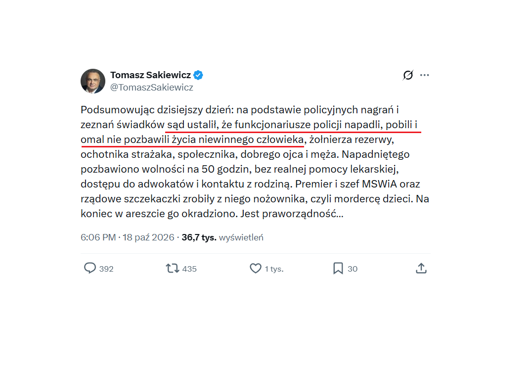 Wpis z konta Tomasza Sakiewicza na platformie X