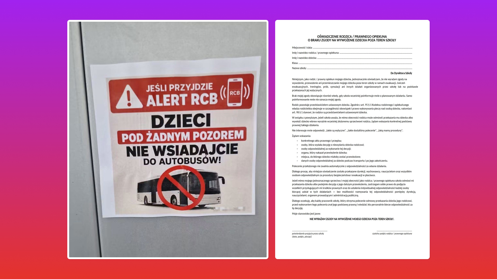 Plakat ostrzegający dzieci przed wsiadaniem do autobusów i oświadczenie o braku zgody na wywożenie dzieci (fot. Facebook)