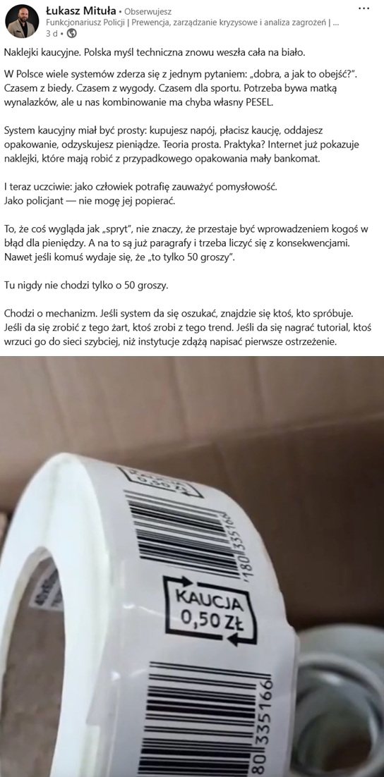 Fragment wpisu Łukasza Mituły (fot. LinkedIn.com)