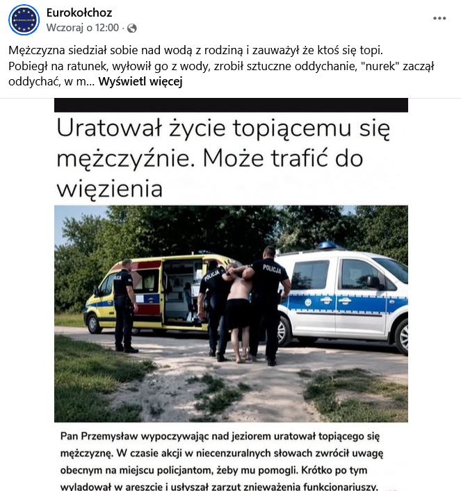 Wpis dot. uratowania topielca i akcji policji (fot. Facebook.com)