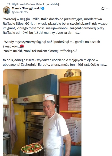 Post o zabójstwie w pizzerii w Reggio Emilia (fot. X.com)