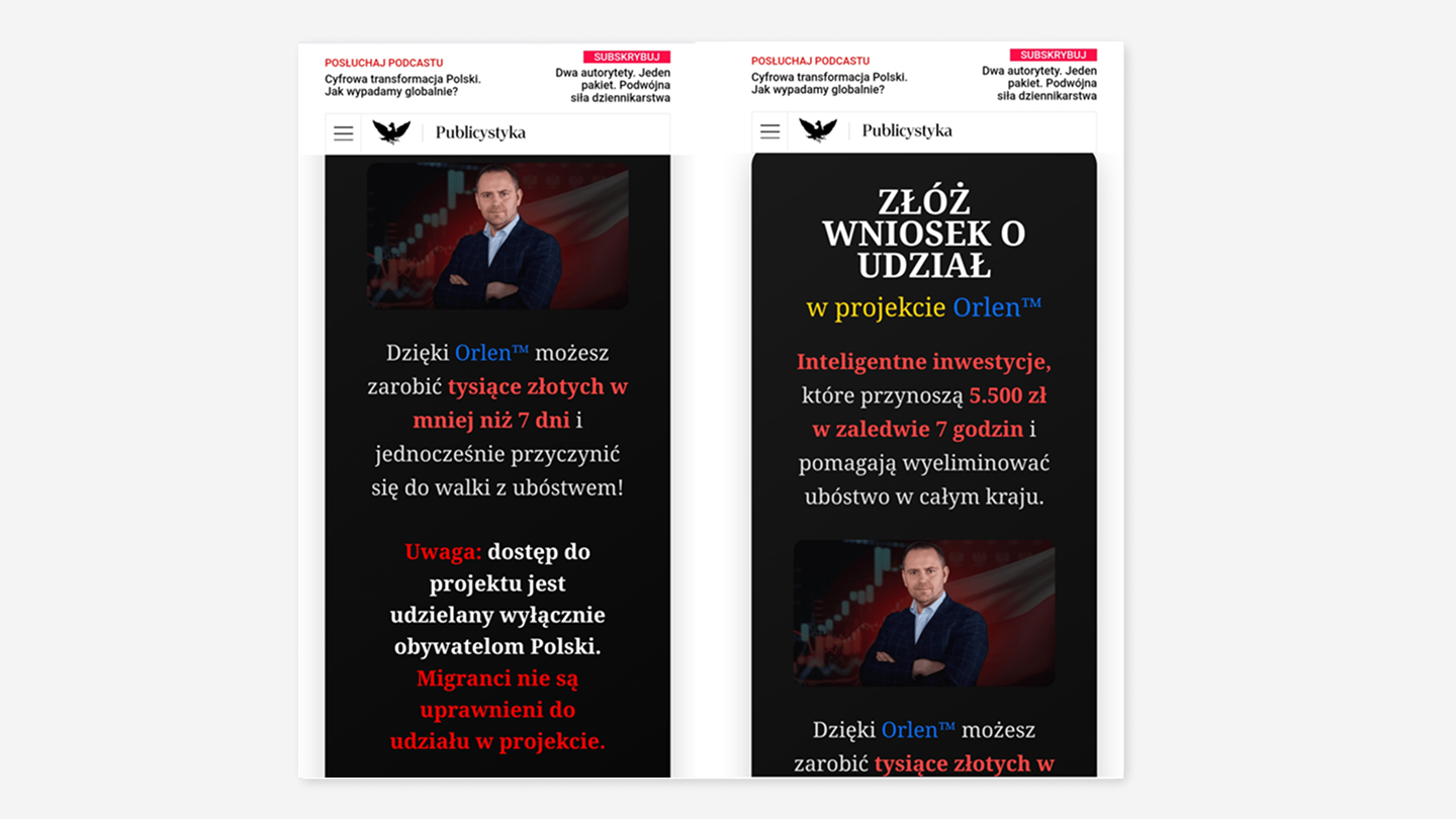 Fałszywa reklama projektu Orlen™ wykorzystująca wizerunek Karola Nawrockiego